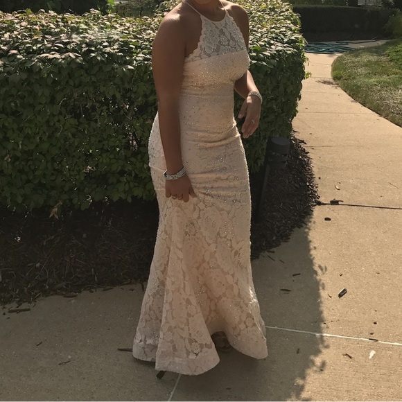 Elegant Cream Peach Lace Halter Dress - Picture 4 of 11